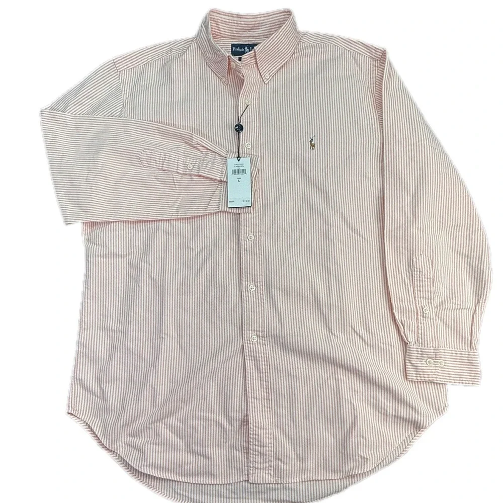 Polo Ralph Lauren Button Down Mens L Pink Striped Classic Fit Long Sleeve Shirt